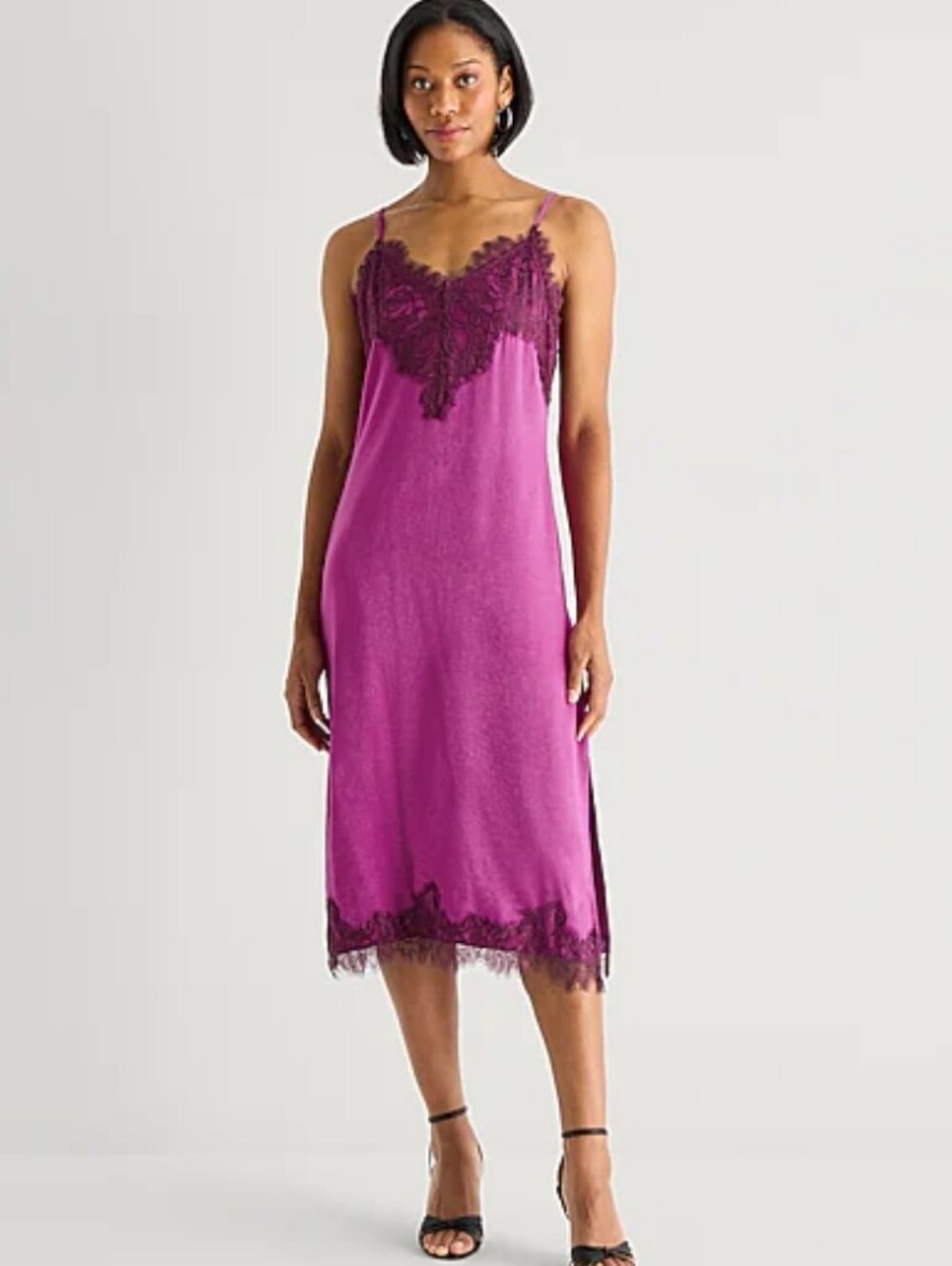 Magenta Lace-Trim Slip Dress with Scalloped Neckline